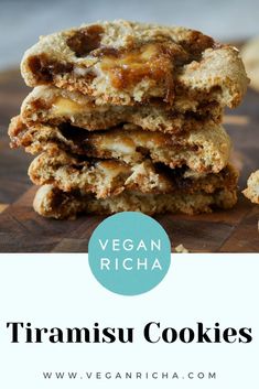 vegan richa cookies stacked on top of each other with text overlay that reads,