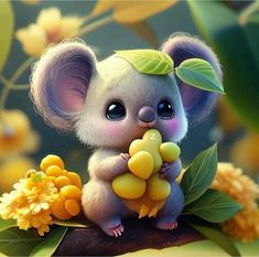 a cute little mouse sitting on top of a tree branch with yellow flowers around it