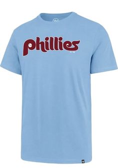 Main image for 47 Philadelphia Phillies Light Blue Super Rival Short Sleeve T Shirt. Light Blue Cotton T-shirt With Logo Print, Light Blue Pre-shrunk Cotton T-shirt, Moisture-wicking Short Sleeve Cotton Shirt, Light Blue Cotton Sports Top, Moisture-wicking Cotton T-shirt, Sporty Light Blue Cotton Top, Blue Cotton Moisture-wicking Shirt, Blue Short Sleeve Jersey Top, Blue Jersey Short Sleeve Tops