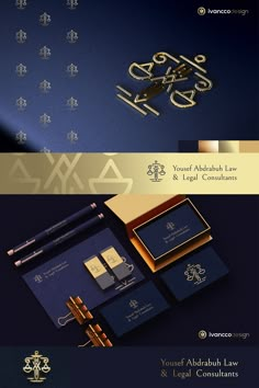 three different types of business cards with gold foil and blue paper on them, including the logo