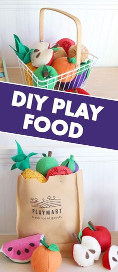 the diy play food bag is filled with fruits and vegetables