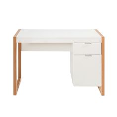 a white desk with two drawers on the top and one drawer at the bottom, in front of a white background