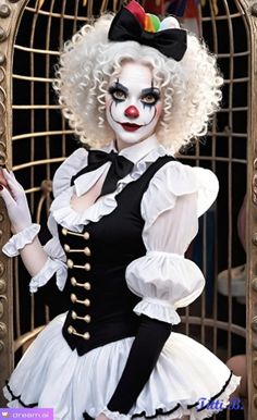 a woman dressed as a clown posing in front of a cage