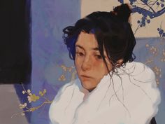 a painting of a woman with blue hair and white shirt looking off into the distance