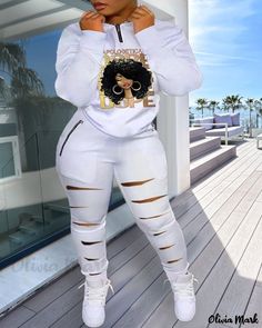 Color: white, Size: 4XL(20) Spring Swag, Cutout Pants, Stacked Pants, Estilo Swag, Look Festival, Top And Pants Set, Sweatshirt Set, Sweatpants Set, Stylish Plus