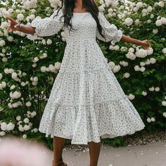 Details:    25% OFF All Site Promo Now. Plus   Extra10% OFF   1st Order. Free Shipping $70. Free Exchange & Easy Returns.    The  bohemian floral         flower ditsy ruched dress       features blues and greens small, micro flowers prints, crinkle smock bodice dress with puff sleeves and ruffle at bottom details    Aesthetic floral scrunch long      ruffle hem dress for women   is popular for trips, clubs, parties, cocktails, dances and nightwear.   Material: Blended wrinkle free cotton materia Spring Fitted Peasant Dress With Smocked Back, Fitted Peasant Dress With Smocked Bodice For Spring, Casual Smocked Dress With Ditsy Floral Print For Spring, Spring Brunch Peasant Dress With Smocked Back, Casual Smocked Dress For Spring Garden Party, Spring Peasant Dress With Smocked Back For Brunch, Spring Flowy Peasant Dress With Smocked Back, Spring Vacation Smocked Dress With Puff Sleeves, Flowy Peasant Dress With Smocked Back For Spring