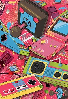 a pile of video game controllers sitting on top of pink and blue paper covered in stickers