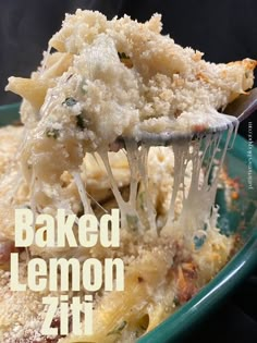 a spoon full of baked lemon pasta with the words baked lemon ziti above it