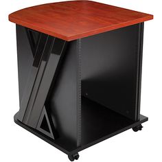 a wooden table with black metal legs and two shelves on each side, against a white background