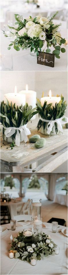 the table is set up with candles and greenery on it for an elegant wedding reception