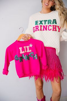 Grinch Letters, Extra Grinchy, Best Ugly Christmas Sweaters, Ugly Christmas Sweater Ideas, Christmas Sweater Ideas, Kids Denim Jacket, Purple Pullover, Judith March, Pink Glam