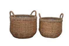 two woven baskets with handles on white background