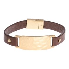 "You'll love having this Bella Uno leather and metallic ID boyfriend bracelet in your jewelry collection. You'll love having this Bella Uno leather and metallic ID boyfriend bracelet in your jewelry collection. Length: 8 in. Metal: zinc Finish: worn Packaging: decorative card Please note, due to the high value of this item, a signature may be required upon delivery. Size: 8"". Color: Gold. Gender: female. Age Group: adult." Gold Leather Bracelet As Fashion Accessory, Adjustable Gold Leather Bracelet, Adjustable Gold Leather Jewelry, Adjustable Gold Leather Bracelets, Adjustable Gold Bracelets With Leather Strap, Adjustable Leather Bracelets With Magnetic Closure, Adjustable Gold Jewelry With Leather Strap, Gold Jewelry With Adjustable Leather Strap, Adjustable Leather Bracelet With Magnetic Closure