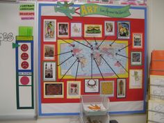 a bulletin board with pictures on it in an art room or classroom area, along with other school supplies