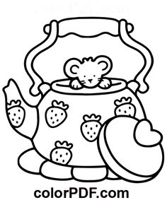 a black and white drawing of a teapot with strawberries on the pot,