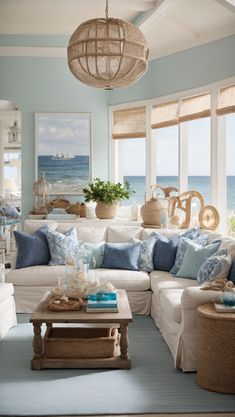 a living room filled with lots of furniture and decor on top of a blue floor