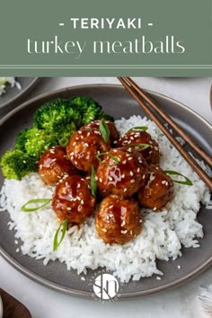 a plate with rice and meatballs on it next to chopsticks, broccoli