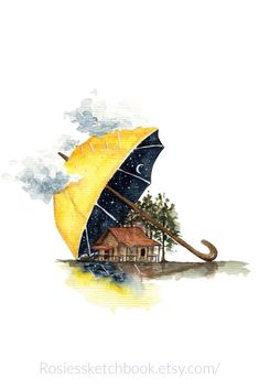 an umbrella is floating in the water with a house on it's roof and clouds behind it