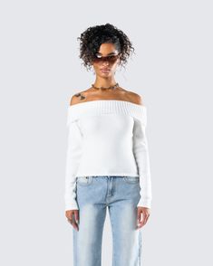 Lorraine White Sweater Knit Top – FINESSE Spring Off-shoulder Sweater, Casual Off-shoulder Foldover Top For Fall, White Off-shoulder Fall Sweater, Trendy Off-shoulder Knit Top, Chic White Off-shoulder Top For Fall, White Knit Off-shoulder Tops, Casual Soft Knit Off-shoulder Tops, Fitted White Off-shoulder Top For Fall, Casual Off-shoulder Soft Knit Top