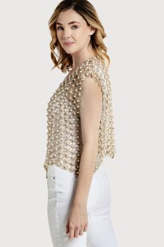 The perfect party piece! This unique piece has a hook and eye closure. This can be worn in the front and have a complete pearl shirt or wear it in the back to have an open front. It can also be worn without the hook to have an even more open front. Material: 50% Polyester, 50% ABS Shoulder Width: 21" Length From HPS: 21" Spring Evening Top With Pearl Embroidery, Pearl Embroidered Evening Top For Spring, Elegant Pearl Embellished Tops For Spring, Chic Evening Tops With Pearl Embroidery, Spring Formal Beaded Tops, Formal Beaded Tops For Summer, Elegant Spring Tops With Pearl Buttons, Elegant Beaded Tops For Spring, Pearl Embroidery Top For Spring Wedding