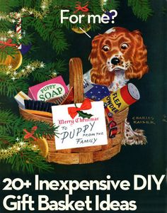 a dog sitting in a basket on top of a christmas tree with an ad for puppies