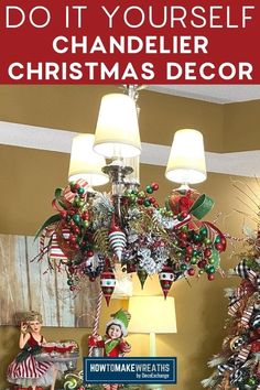 a chandelier decorated with christmas decorations and lights is featured in this ad for how to make wreaths