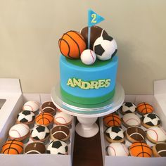 a birthday cake decorated with basketballs and soccer balls