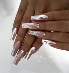 Nails Inspiration Champagne, Milky Base Nails Design, Beige Bling Nails, Chrome Nails Diamonds, Gel X Nails Chrome, Bling Neutral Nails, Glam Nails Designs, Nude Nails Silver Glitter