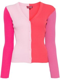 flamingo pink/rose pink ribbed knit colour-block design V-neck front button fastening long sleeves straight hem Pink Ribbed, Cardigan Pink, Flamingo Pink, Versace Outfit, Yoko London, City Dress, Ribbed Cardigan, Summer Beach Wear, Block Design