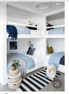 a room with bunk beds and rugs on the floor