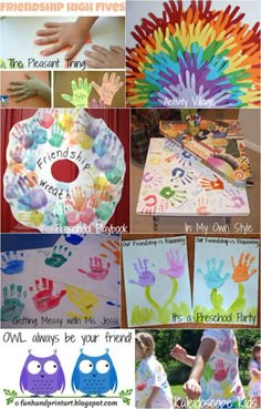 many different handprints are displayed on paper plates and in front of children's hands