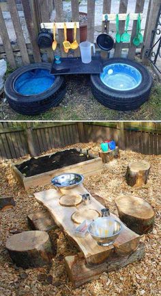 an outdoor table made out of old tires and wooden planks with bowls on them