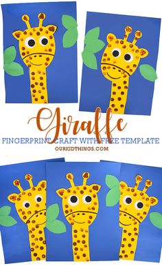 three giraffes with green leaves on their necks are shown in four different pictures