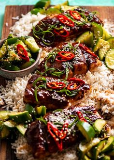 Asian Glazed Baked Barramundi on a platter with coconut rice and cucumber salad Baked Barramundi, Barramundi Recipes, Asian Bbq Sauce, Asian Bbq, Coconut Bowls, Chinese Cooking Wine, Recipetin Eats, Recipe Tin, Coconut Rice