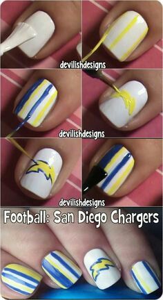 Charger nails! Charger Nails, Football Nail Art, Nail Polish Tutorial, Football Nails, Chargers Football, Designer Nails, Fancy Hands, Nail Tutorial, San Diego Chargers