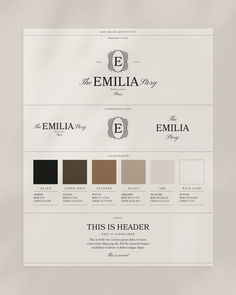 an image of the brand name and color scheme for emilia, which is also available in