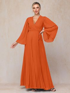 Burnt_Orange Elegant Long Sleeve Orange Maxi Dress, Elegant Orange Long Sleeve Maxi Dress, Orange Maxi Length Wedding Dress, Orange Chiffon V-neck Dress, Orange Maxi Length Dress For Wedding, Orange Maxi Dress For Wedding, Pleated Orange Party Dress, Orange Pleated Party Dress, Elegant Orange Maxi Dress For Formal Occasions