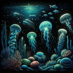 an underwater scene with jellyfish and other sea creatures in the water, all lit up at night