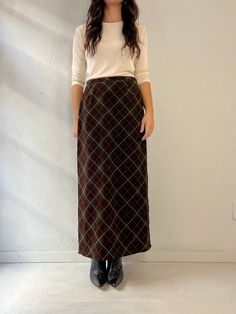 "- Vintage Annex brown maxi skirt  - Zipper and button closure - Lined - Made in Indonesia - Tagged 6 Waist: 28\" Hip: 19\" Length: 37\"" Brown Maxi Skirt, Plaid Maxi Skirt, Maxi Rock, Brown Maxi Skirts, Plaid Pleated Mini Skirt, Blue Button Up Shirt, Skirt Zipper, Womens Skirts, Skirt Medium