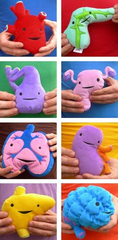 several pictures of stuffed animals in different colors and sizes, with hands holding them together