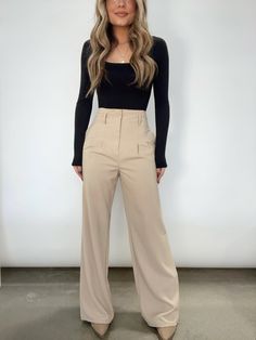 SP7317-4 high waist wide leg pant LE LIS Khaki Dress Pants Outfit Women, Clean Girl Work Outfits, Interview Outfit Teenage Girl, Khaki Slacks Outfit Women, Fbla Outfits Business Attire, Bisness Style Women Casual, Work Looks For Women The Office, Bussines Women Outfits, Cute Professional Outfits Casual