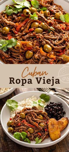 an image of a plate of food with meat and vegetables on it, next to the words cuban ropa vieja