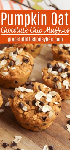 pumpkin oat chocolate chip muffins on a cutting board with text overlay