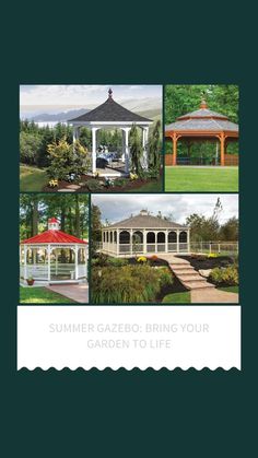 four different pictures of gazebos in the park