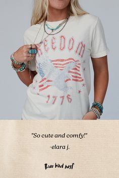 Everyone needs their go - to graphic tee and the Freedom Eagle Graphic Tee is the perfect essential to your boho closet! Comfortable, mineral - washed, Cotton tee shirt fabric Relaxed and loose tee shirt silhouette Classic crew neckline and loose short sleeves So CUTE Distressed Eagle with American Flag and 'Freedom 1776' graphic Pair with: Dora Low Back Seamless Bralette, Straight Arrow Jeans, and Sparrows Song Necklace *Due to lighting and differences in monitors, actual colors may vary slight Trendy Stonewashed T-shirt For Summer, Trendy Stonewashed Cotton T-shirt, Spring Crew Neck Stonewashed T-shirt, Stonewashed Relaxed Fit Graphic Tee, Free-spirited Cotton T-shirt For Summer, Distressed Summer T-shirt For Everyday, Acid Wash T-shirt For Summer, Acid Wash Stonewashed T-shirt For Summer, Distressed T-shirt For Everyday Summer Wear