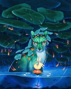 a painting of a fox sitting in the water next to lily pads with fire coming from its eyes