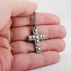 This cross is handmade of solid 925 sterling silver (92.5% pure silver) in my studio. I used a dark patina to bring out the details of the cross and give it the worn out look of time. Cross Height: 1 1/2 inch (3.5 cm) Width: 3/4 inch (2 cm) Necklace chain: choose your length Medieval Cross Pendant Necklace Gift, Medieval Cross Necklace As Gift, Medieval Cross Necklaces As Gifts, Medieval Cross Necklace For Gift, Antique Silver Cross Necklace With Oxidized Finish, Antique Silver Oxidized Cross Necklace, Oxidized Cross Pendant Necklace, Sterling Silver Oxidized Crucifix Necklace, Spiritual Silver Cross Necklace With Oxidized Finish