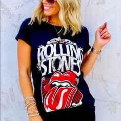 Awesome Rolling Stones Rock Band Tshirt! Large 40-42” Bust Summer Rock T-shirt With Band Logo, Trendy Band Logo T-shirt For Concerts, Spring Rock Style Crew Neck T-shirt, Black T-shirt For Spring Concert, Black T-shirt For Concerts In Spring, Band Logo Graphic Tee For Concerts, Rock And Roll T-shirt With Band Logo For Summer, Black Relaxed Fit Top For Music Festival, Relaxed Fit Black Top For Music Festival