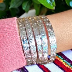 Embossed Mexican Silver Stackable Bangles - Featuring Engraved Hearts, Dolphin, flower, Horoscope -Artisan Textured Silver Plated Bangles Bohemian Silver Bangle With Stamped Details, Ceremonial Silver Etched Bangle, Bohemian Etched Sterling Silver Bangle, Tongue Bars, Nickel-free Bohemian Sterling Silver Bangle, Nickel-free Southwestern Style Bangle, Stackable Bangles, Jewelry Organizer Diy, Geometric Jewelry