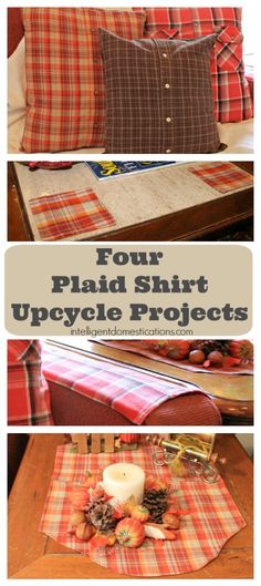 four plaid shirt upcycle projects with text overlay that reads four plaid shirt upcycle projects